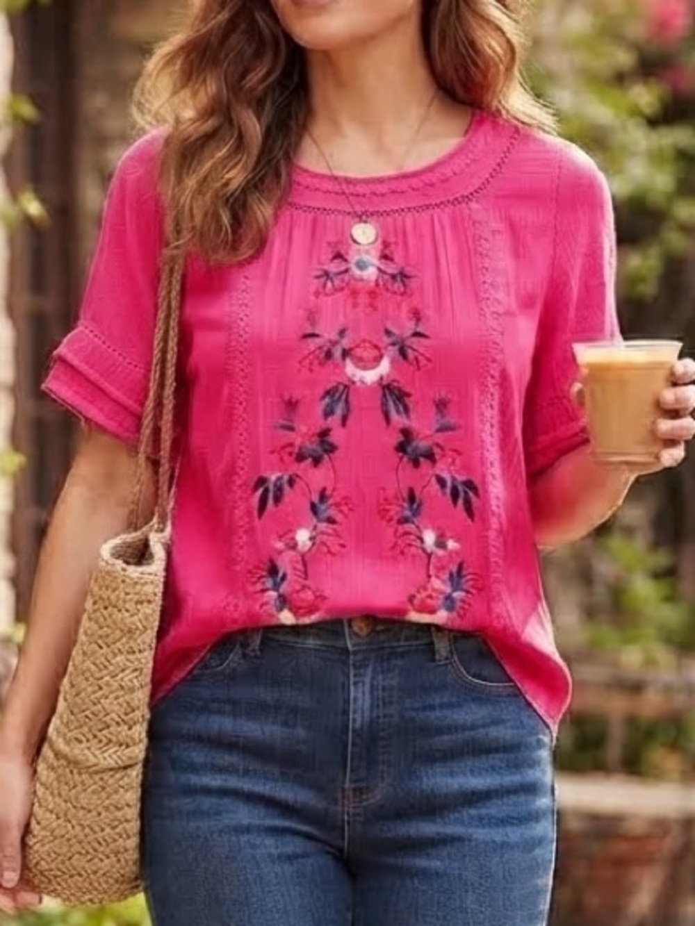 Umgee Pink Embroidered Short-Sleeve Top